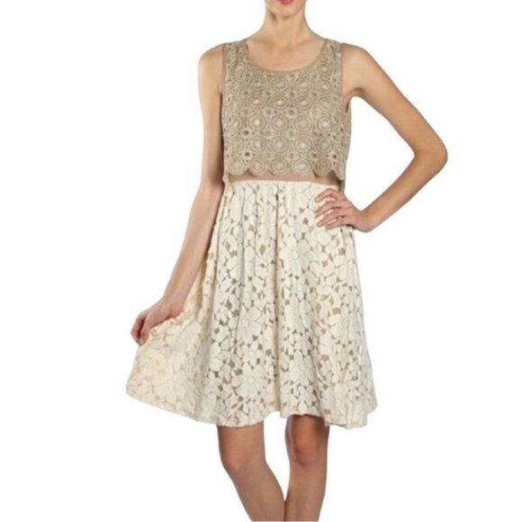 Altar'd State Gold Beige Floral Shimmer Lace Sleeveless Dress - Picture 1 of 11